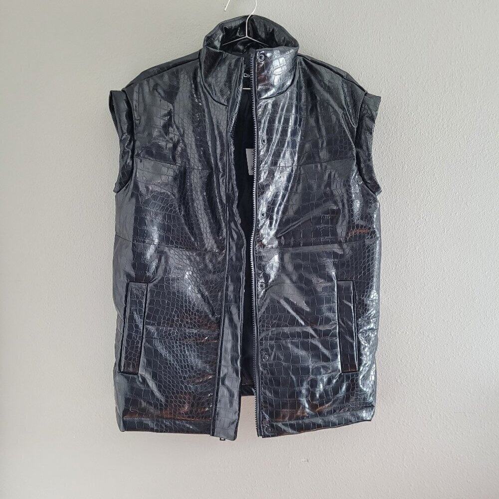 DKNY Croc Faux Leather Puffer Vest Oversize XS NWT Black